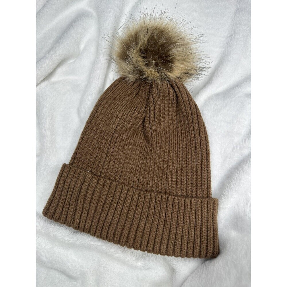 Steve Madden Hat Beanie OS Brown Ribbed Knit Faux Fur Pom Womens One Size Winter